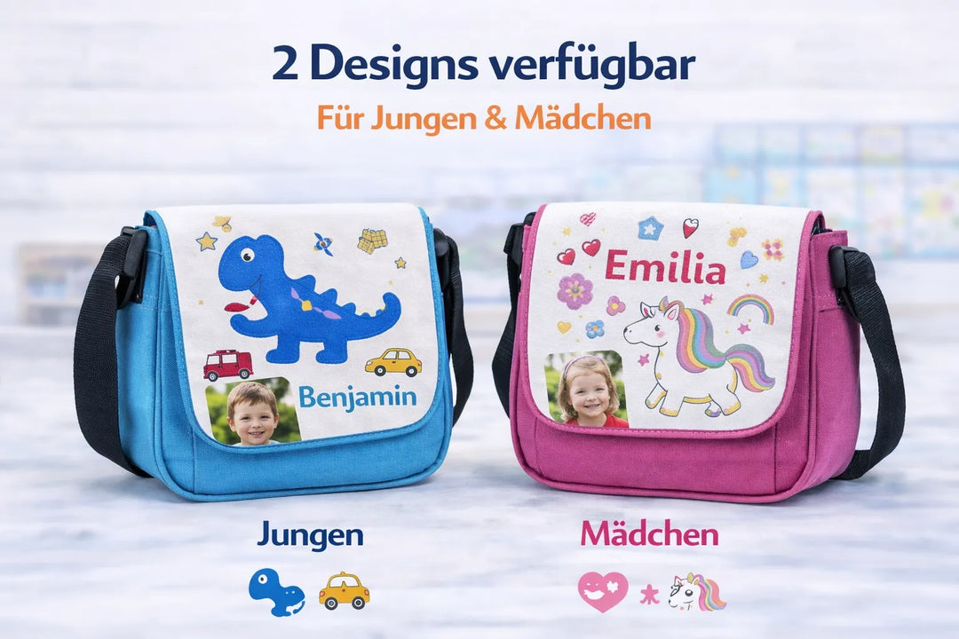 Personalisierte Kindertaschen mit verschiedenen Designs und Namen