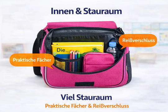 Innenansicht der Kindertasche mit praktischen Fächern und Reißverschluss