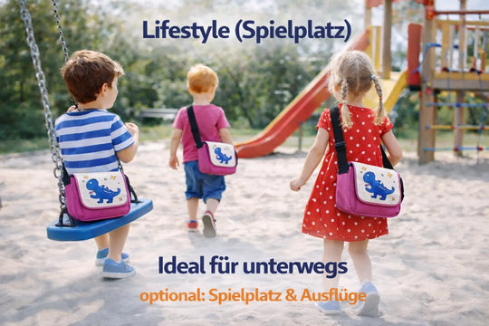 Kinder mit personalisierten Kindertaschen auf dem Spielplatz