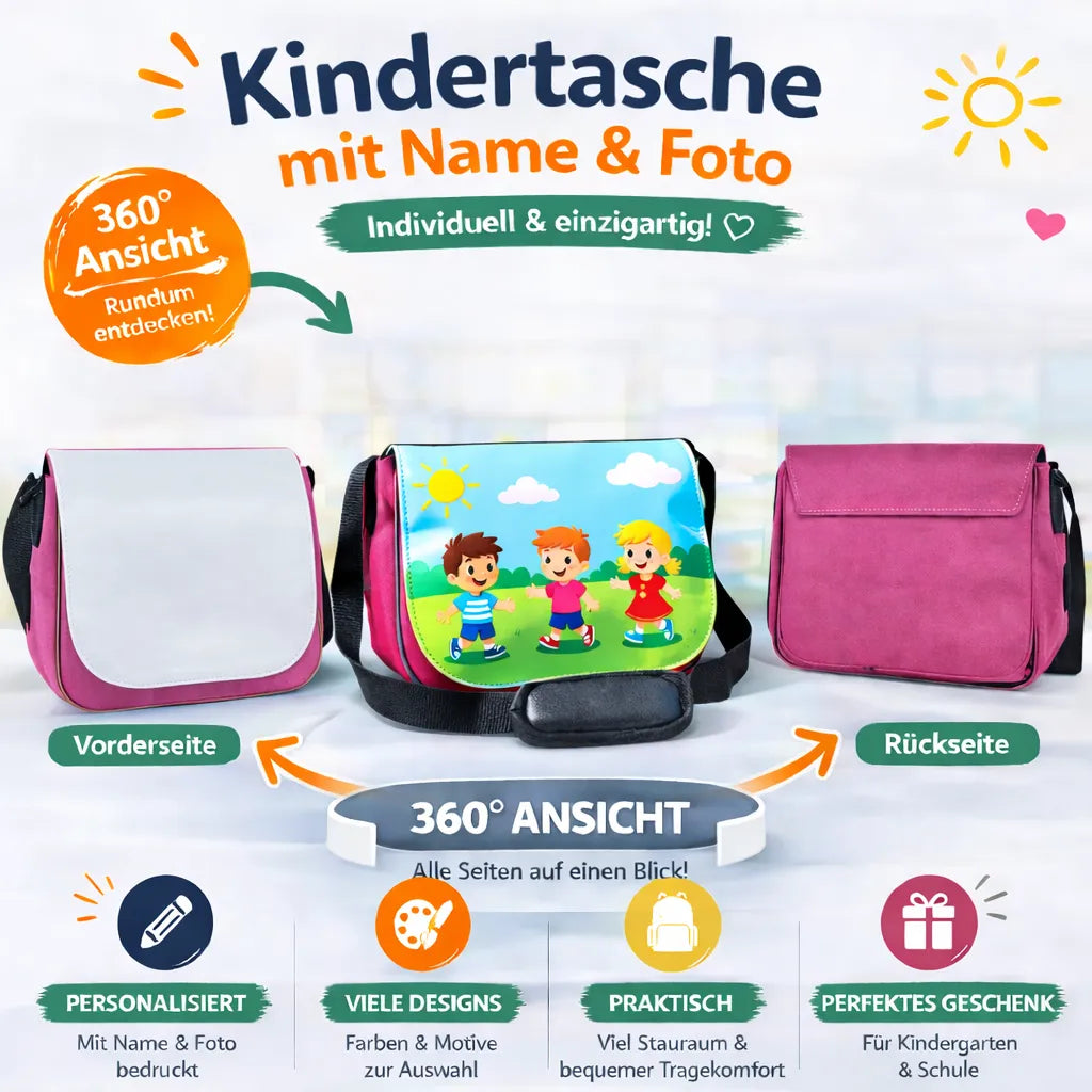 Personalisierte Kindertasche mit Name und Foto – Vorderseite und Rückseite