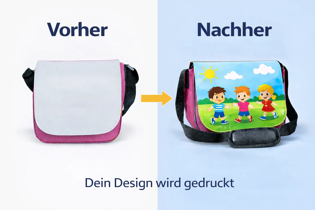 Personalisierte Kindertasche vor und nach dem Bedrucken mit Wunschdesign