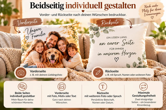 Beidseitig bedruckbarer Kissenbezug – Vorderseite mit Foto und Rückseite mit Text oder weiterem Foto