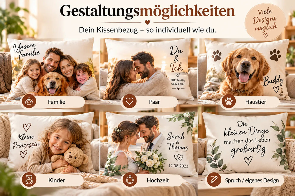 Personalisierter Kissenbezug mit verschiedenen Gestaltungsmöglichkeiten für Familie, Haustier, Paar und besondere Anlässe