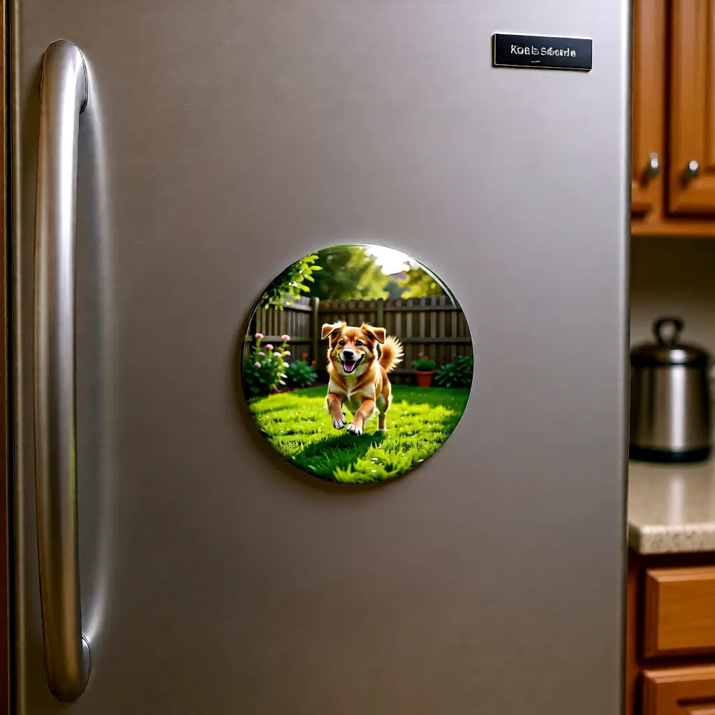 Runder personalisierbarer Kühlschrankmagnet aus weißem Kunststoff mit aufklebbarer Magnetfolie