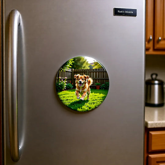 Runder personalisierbarer Kühlschrankmagnet aus weißem Kunststoff mit aufklebbarer Magnetfolie