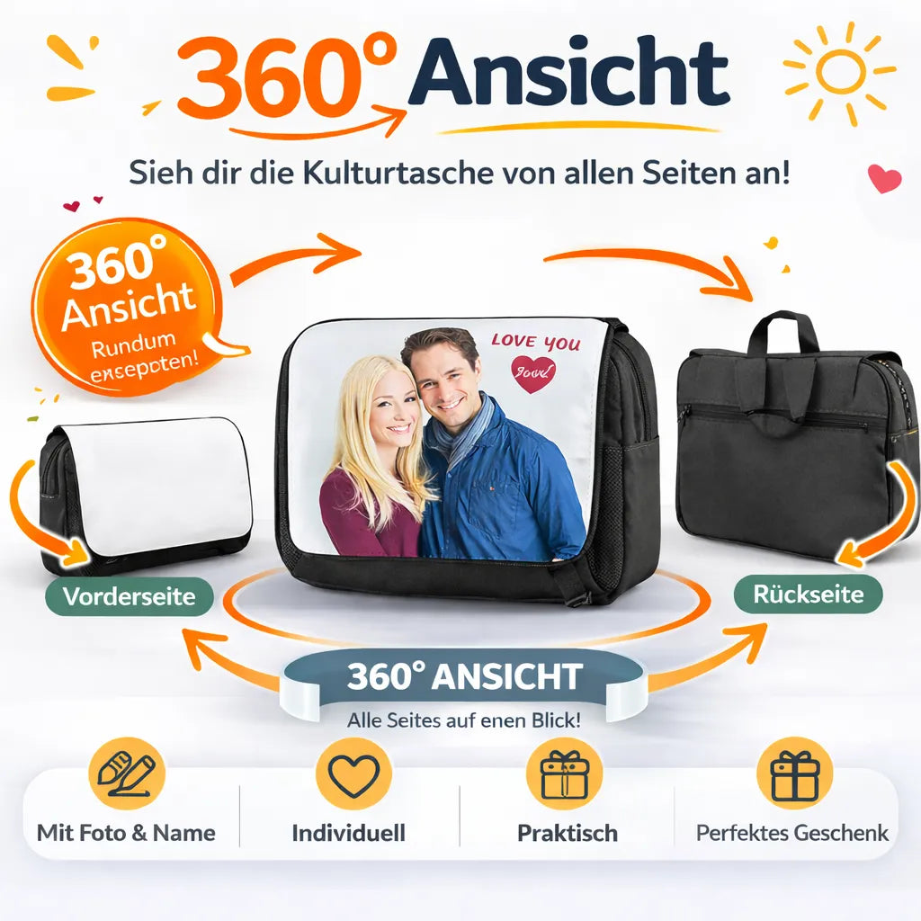 Personalisierte Kulturtasche von Vorderseite und Rückseite in der 360 Grad Ansicht