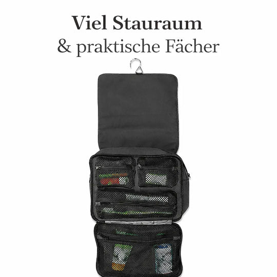 Innenansicht der Kulturtasche mit praktischem Aufhängehaken und mehreren Fächern