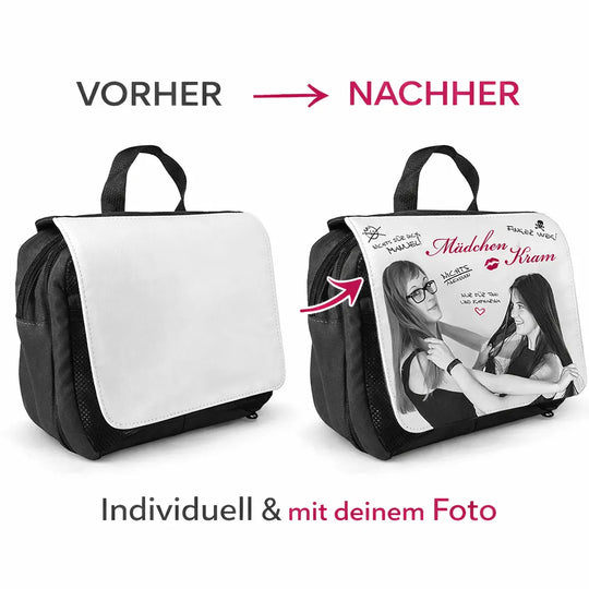 Personalisierte Kulturtasche vorher und nachher mit eigenem Foto und Wunschdesign
