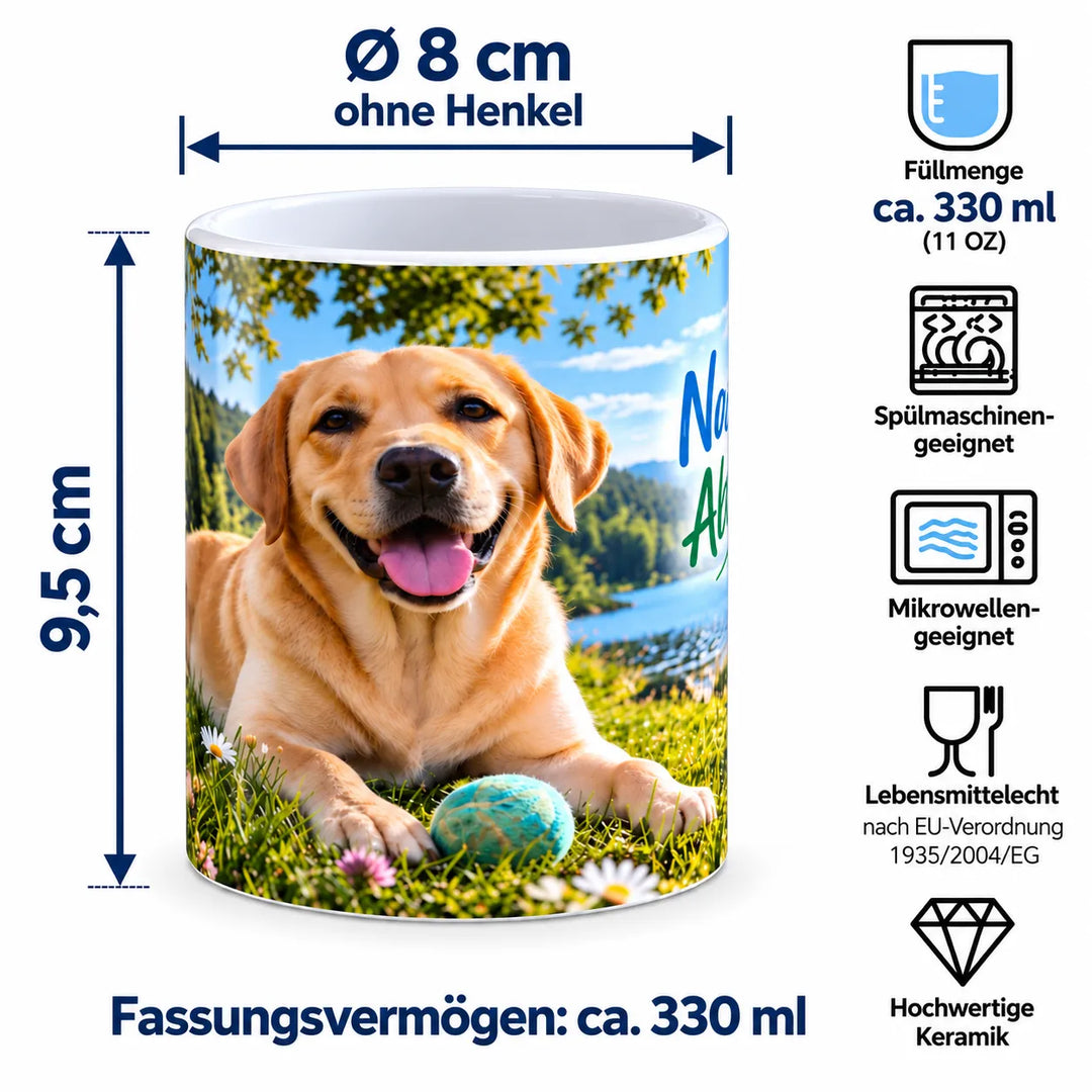 Keramiktasse mit Maßangaben: ca. 9,5 cm Höhe, 8 cm Durchmesser ohne Henkel und 330 ml Fassungsvermögen