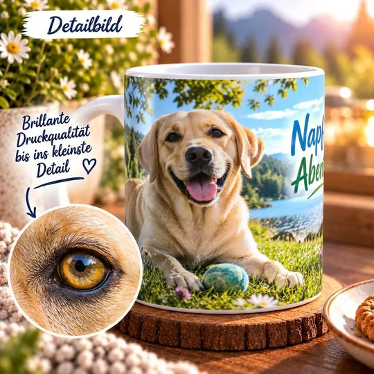 Detail des Labrador-Motivs mit türkisfarbenem Tennisball auf einer blühenden Wiese