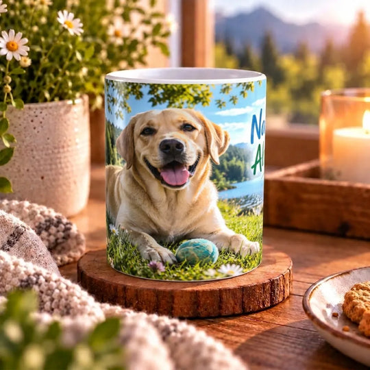 Weiße Labrador-Tasse mit Hundemotiv und dem Spruch „Napf leer. Abenteuer an.“