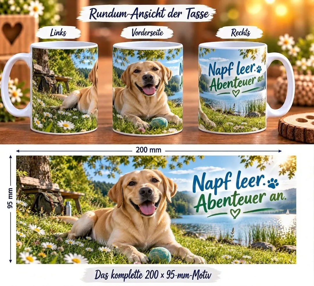 Rundumansicht der Labrador-Tasse mit Hund auf einer Blumenwiese, See und dem Spruch „Napf leer. Abenteuer an.“