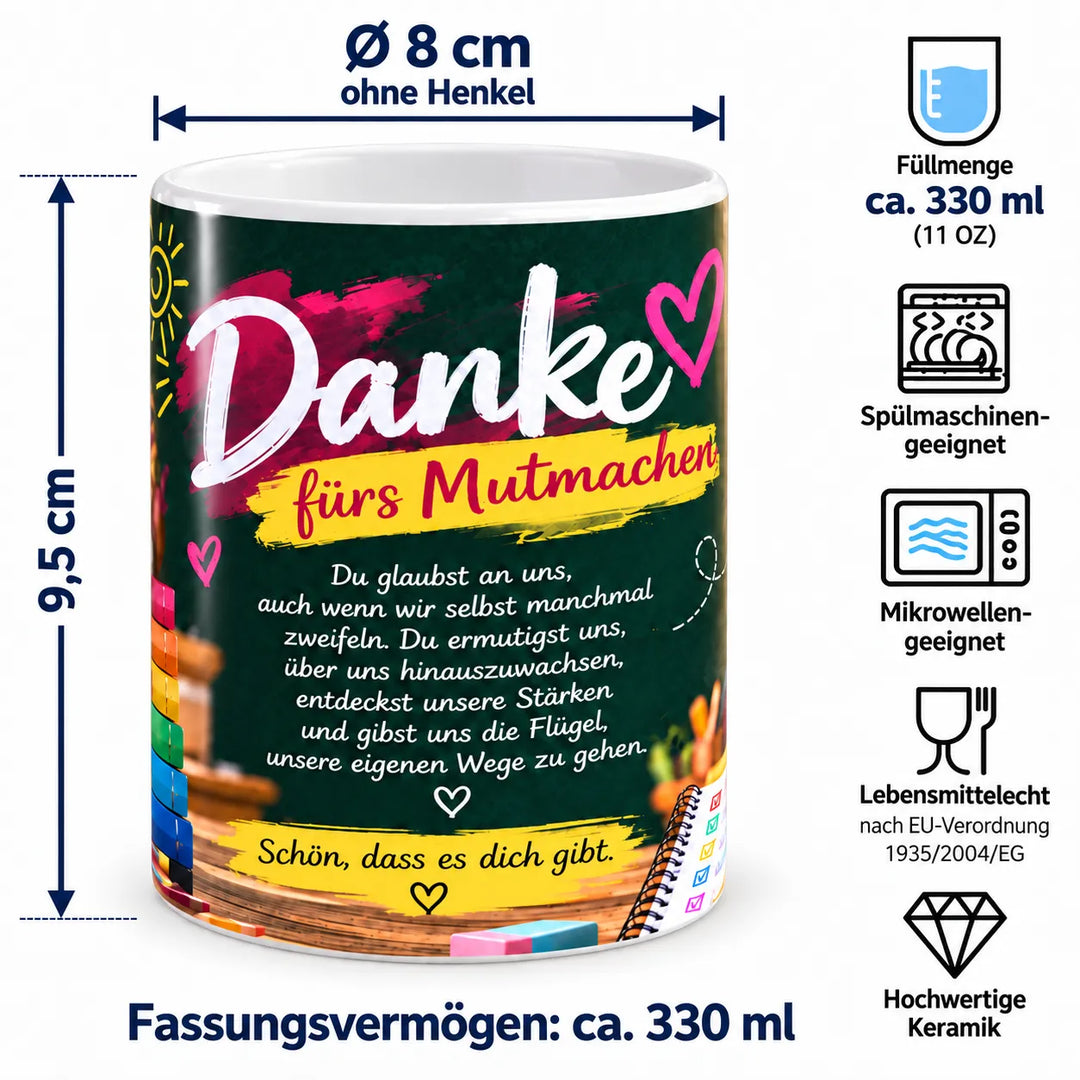 Keramiktasse mit Maßangaben: ca. 9,5 cm Höhe, 8 cm Durchmesser ohne Henkel und 330 ml Fassungsvermögen