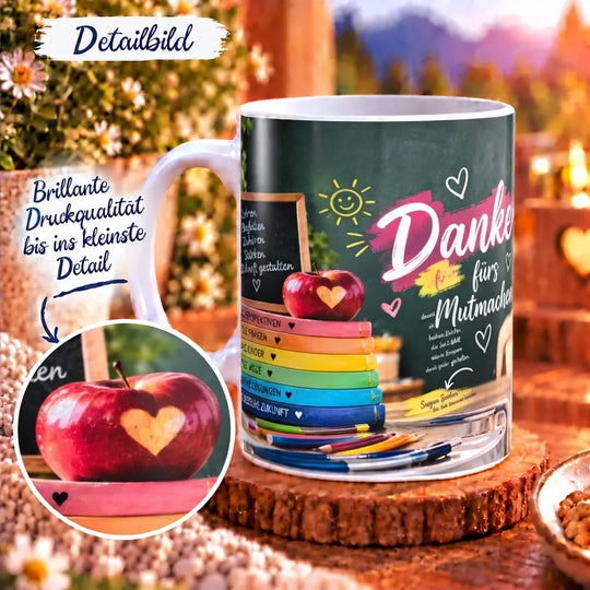 Detail des Schulmotivs mit dem Schriftzug „Danke fürs Mutmachen.“ und einer persönlichen Danksagung