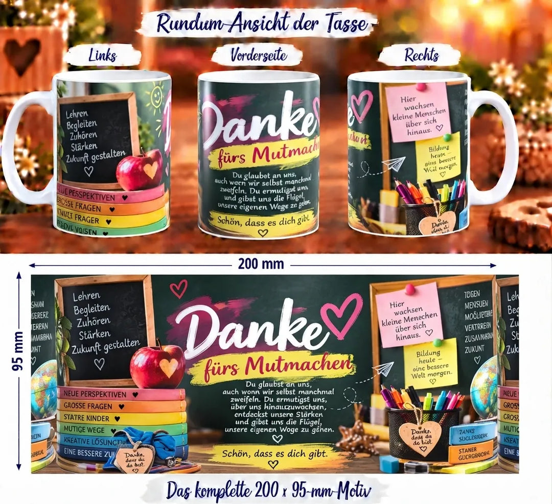Rundumansicht der Lehrerinnen-Tasse mit Schultafel, bunten Büchern, Stiften und liebevoller Danksagung