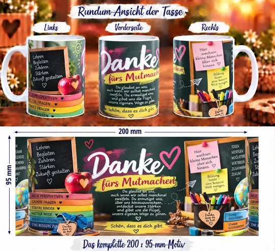 Rundumansicht der Lehrerinnen-Tasse mit Schultafel, bunten Büchern, Stiften und liebevoller Danksagung