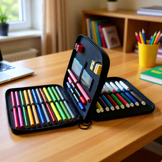 Geöffnetes personalisierbares Mäppchen mit Buntstiften, Lineal, Radierer und Schulzubehör