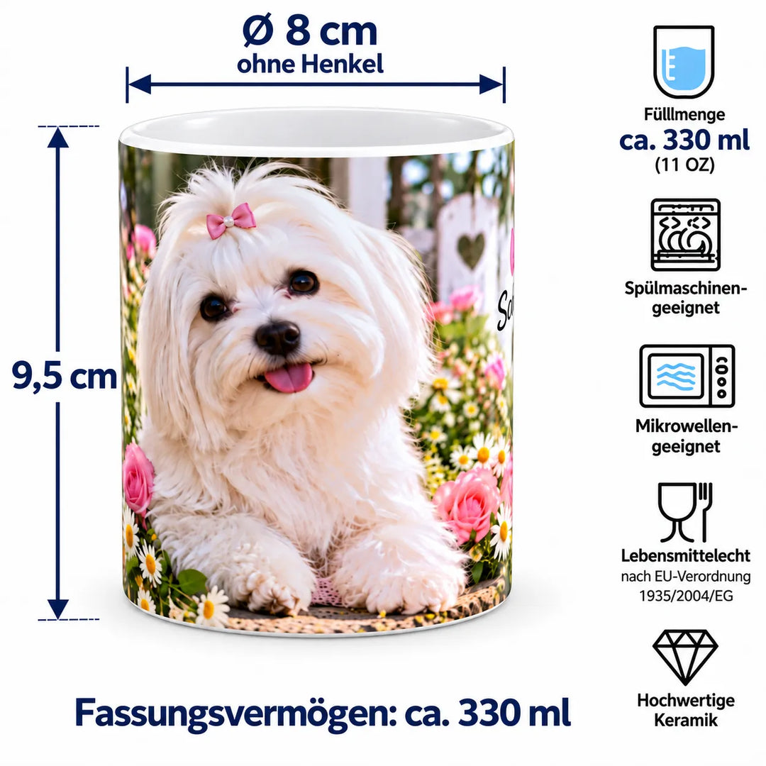Keramiktasse mit Maßangaben: ca. 9,5 cm Höhe, 8 cm Durchmesser ohne Henkel und 330 ml Fassungsvermögen