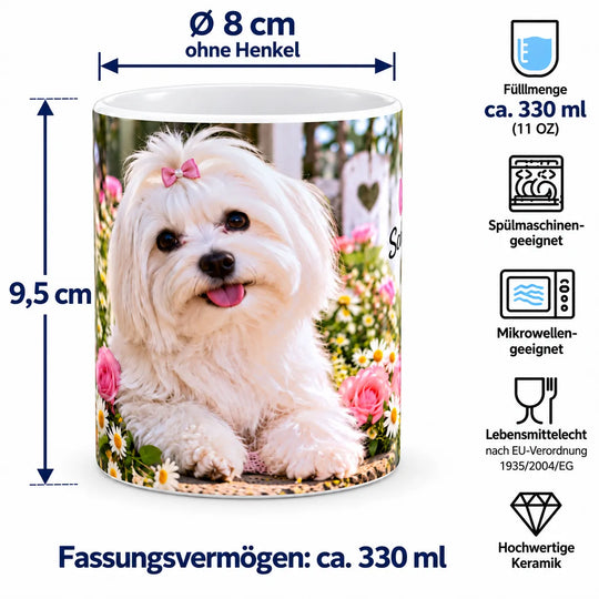 Keramiktasse mit Maßangaben: ca. 9,5 cm Höhe, 8 cm Durchmesser ohne Henkel und 330 ml Fassungsvermögen