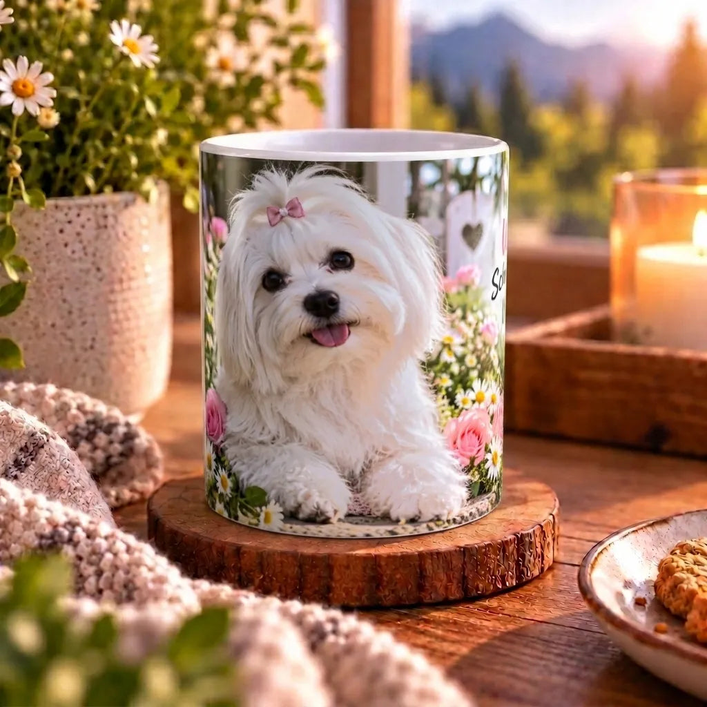 Weiße Malteser-Tasse mit Hundemotiv und dem Spruch „Weißes Fell. Schwarze Knopfaugen. Unschuld perfekt gespielt.“