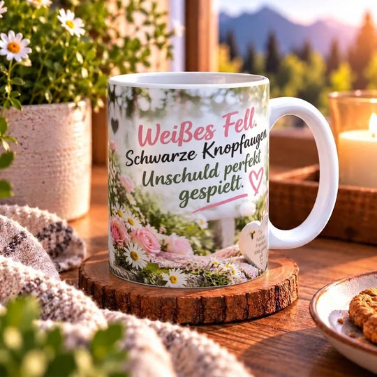 Seitenansicht der weißen Keramiktasse mit Malteser-Motiv und weißem Henkel