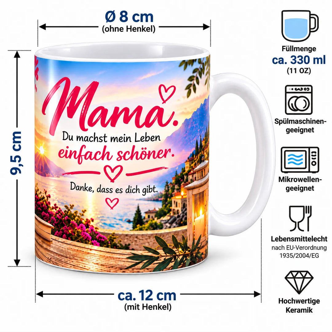 Keramiktasse mit Maßangaben: ca. 9,5 cm Höhe, 8 cm Durchmesser ohne Henkel und 330 ml Fassungsvermögen