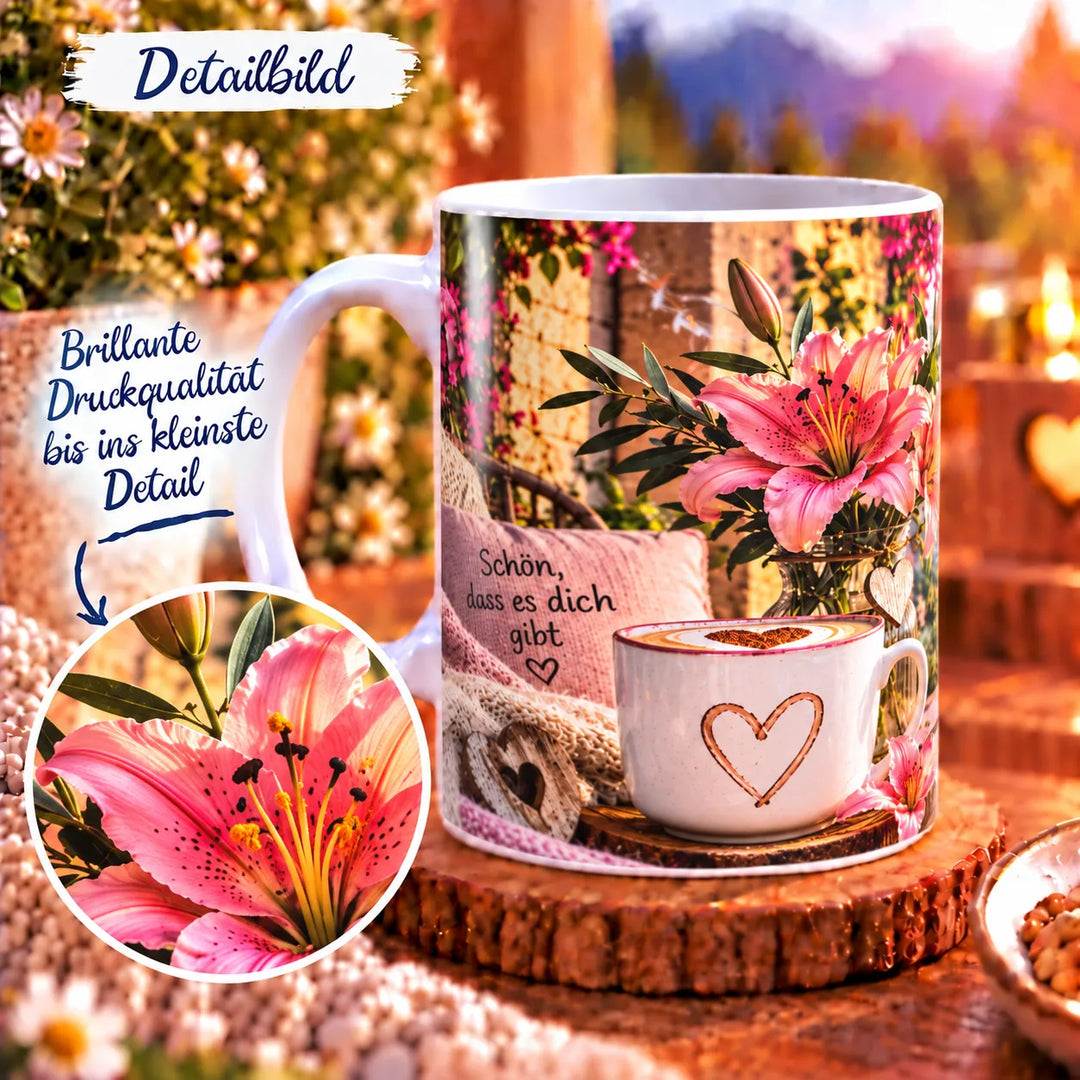 Detail des Mama-Motivs mit rosa Lilien und der Botschaft „Du machst mein Leben einfach schöner.“