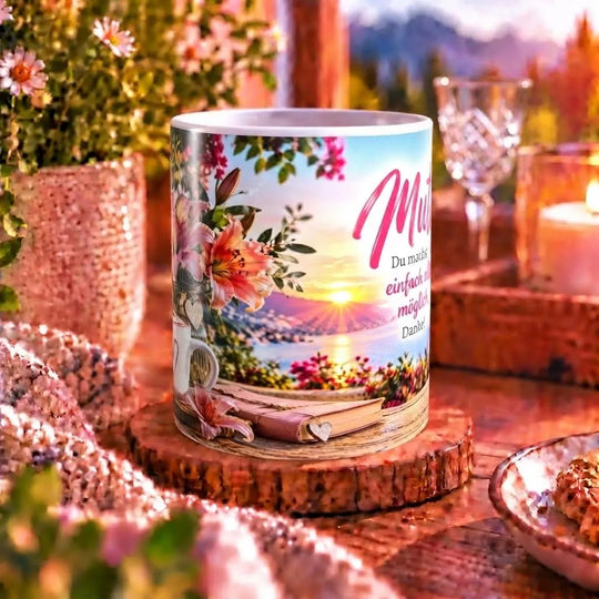 Weiße Mama-Tasse mit dem Spruch „Mama. Du machst mein Leben einfach schöner.“ und Blumenmotiv