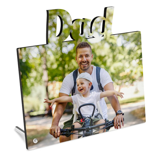 Individueller MDF Fotoaufsteller mit Schriftzug Dad und Foto von Vater und Kind – persönliches Geschenk.
