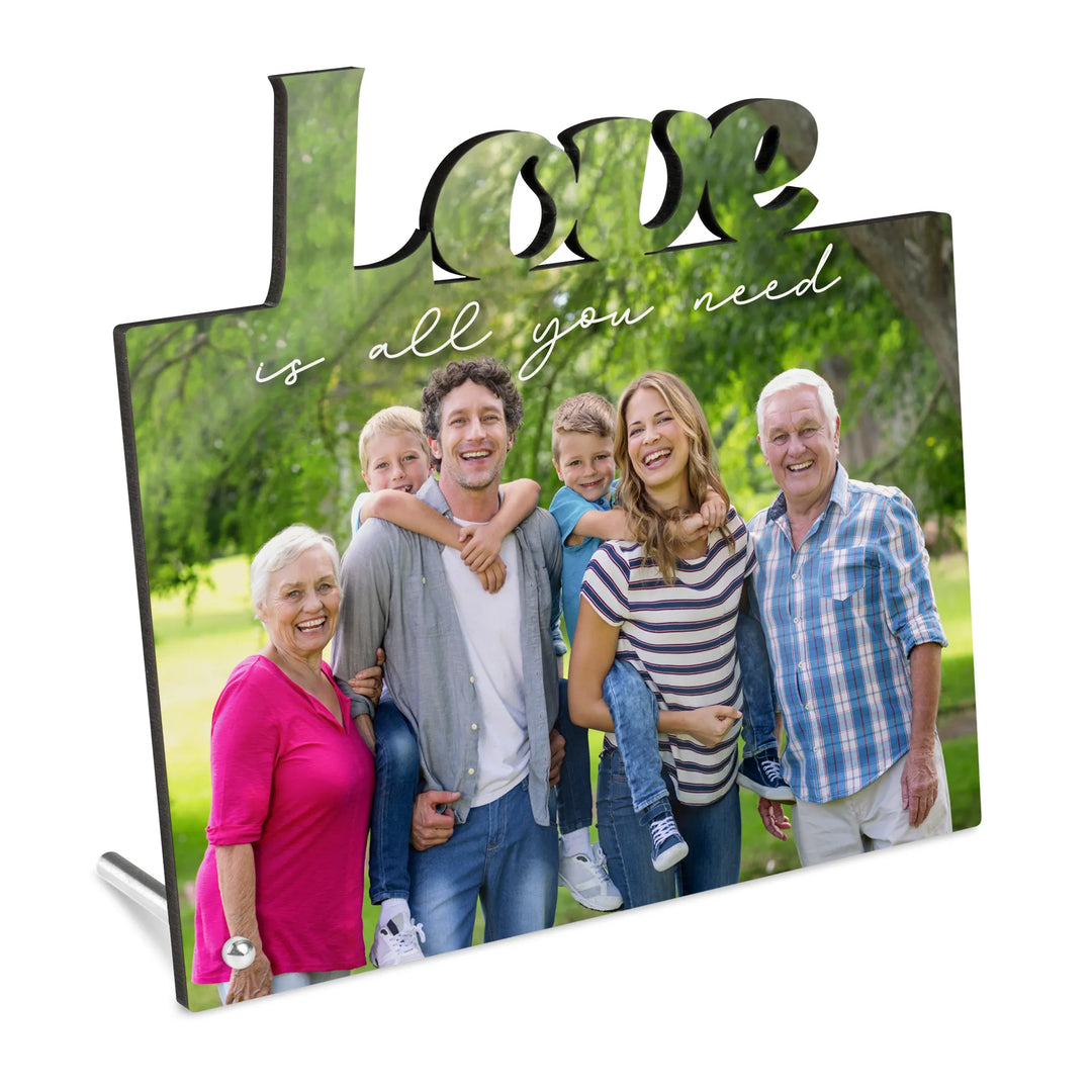 Personalisierter MDF Fotoaufsteller mit Schriftzug Love und Familienfoto – dekoratives Erinnerungsstück