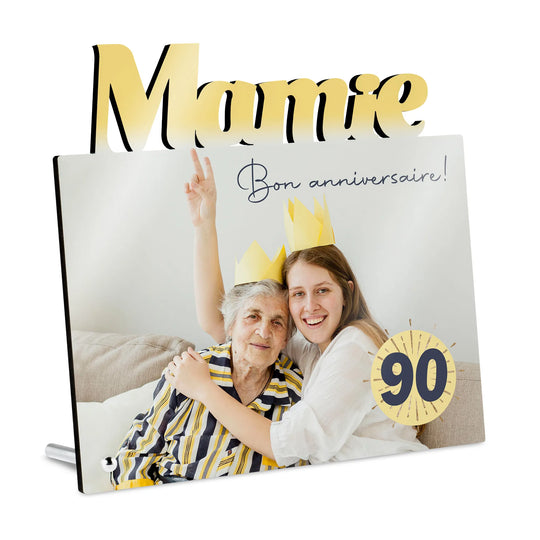 Personalisierter MDF Fotoaufsteller mit Schriftzug Mamie und Familienfoto – individuelles Geschenk für die Großmutter.