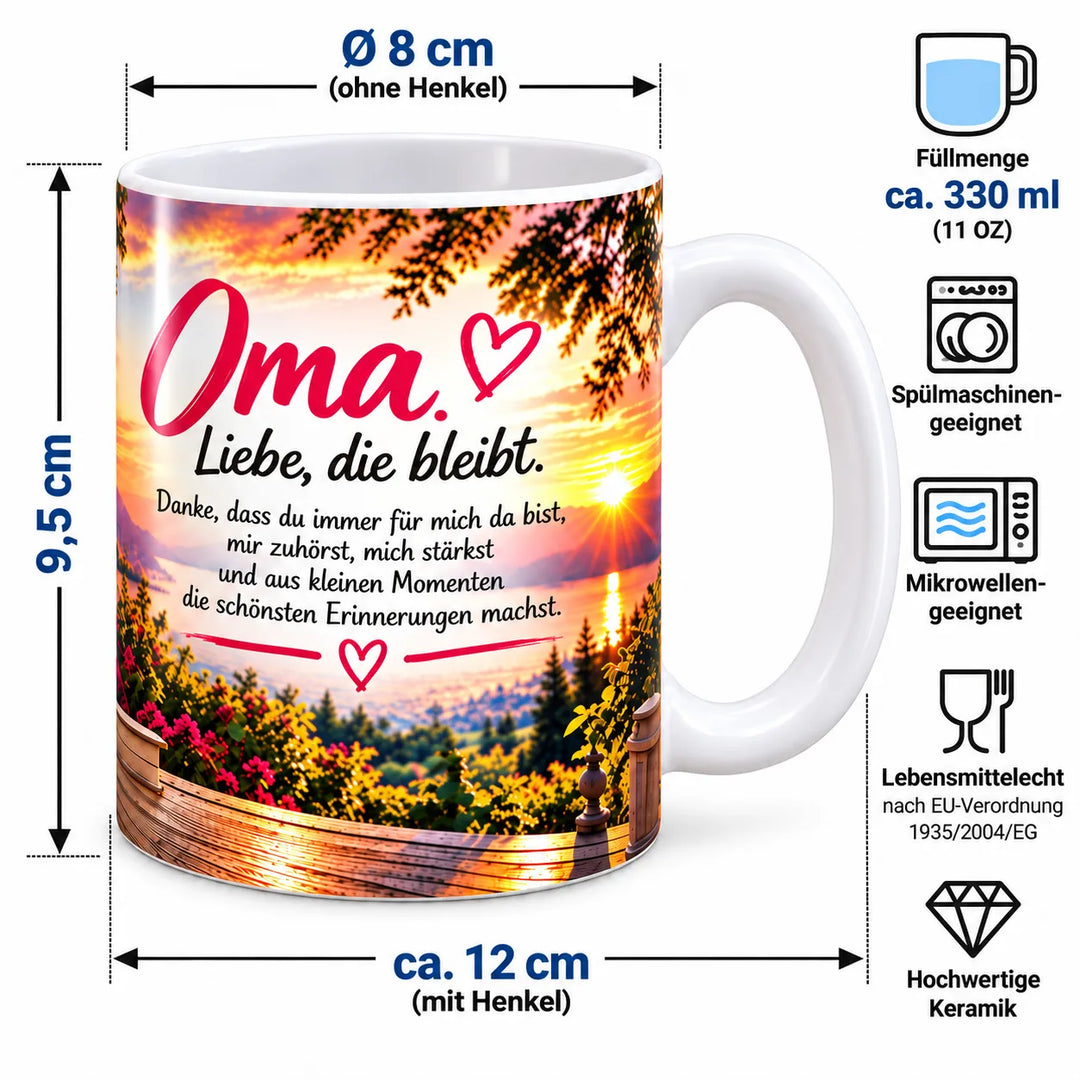 Keramiktasse mit Maßangaben: ca. 9,5 cm Höhe, 8 cm Durchmesser ohne Henkel und 330 ml Fassungsvermögen
