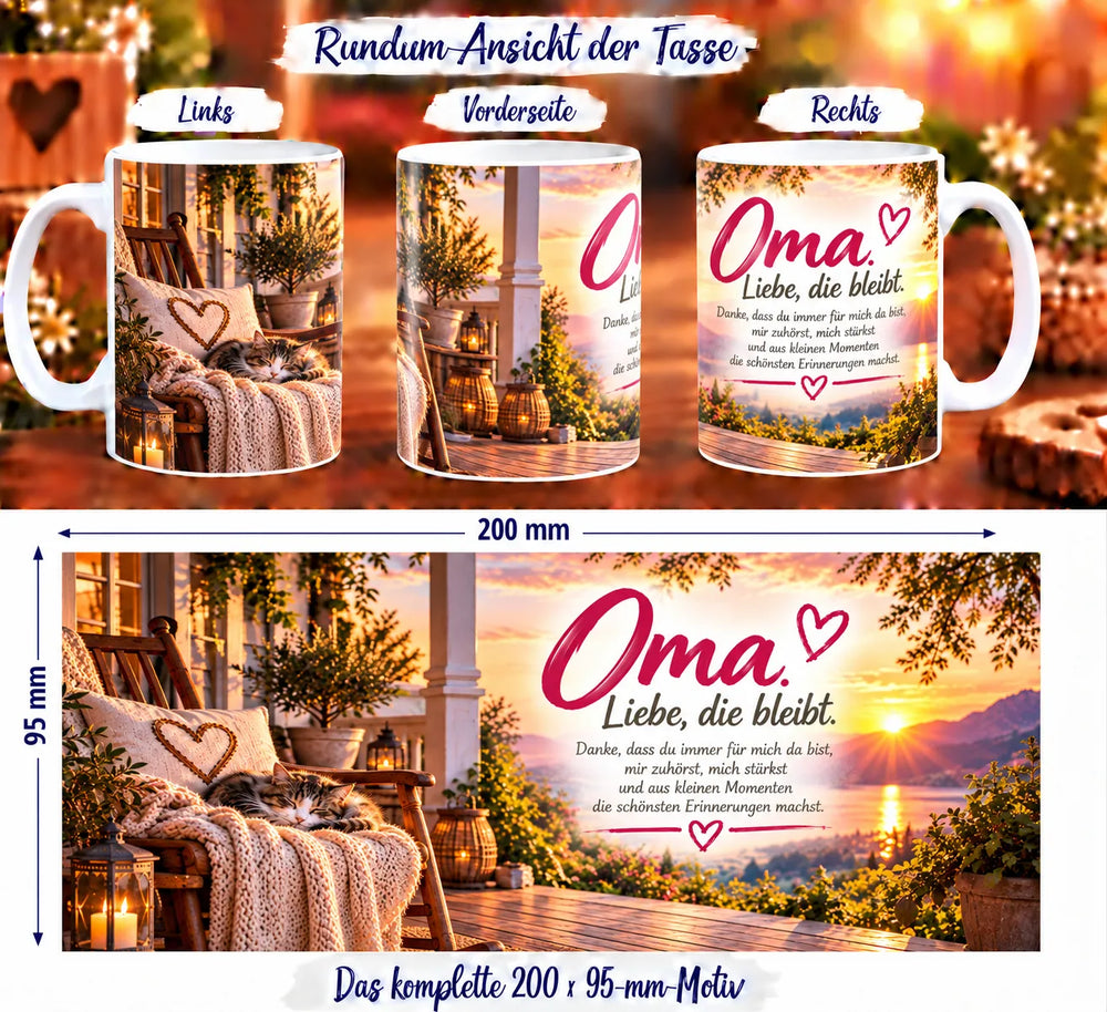 Rundumansicht der Oma-Tasse mit Schaukelstuhl, schlafender Katze, Sonnenuntergang am See und Danksagung