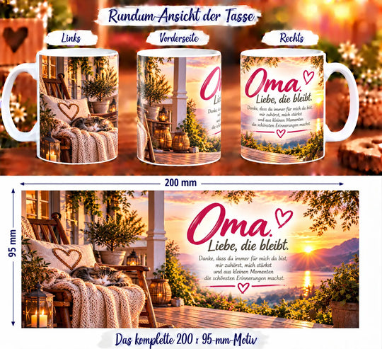 Rundumansicht der Oma-Tasse mit Schaukelstuhl, schlafender Katze, Sonnenuntergang am See und Danksagung