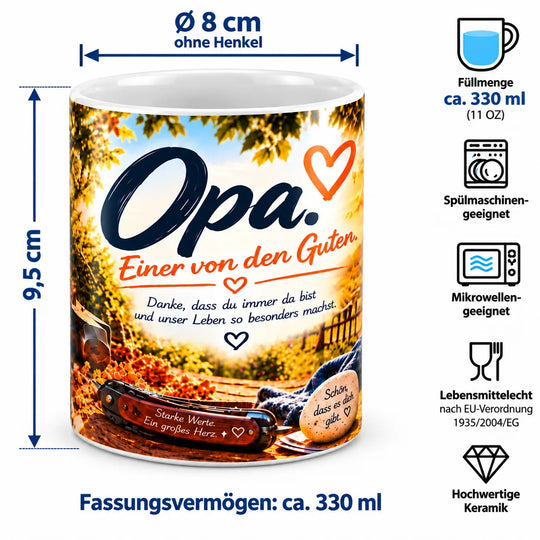 Keramiktasse mit Maßangaben: ca. 9,5 cm Höhe, 8 cm Durchmesser ohne Henkel und 330 ml Fassungsvermögen