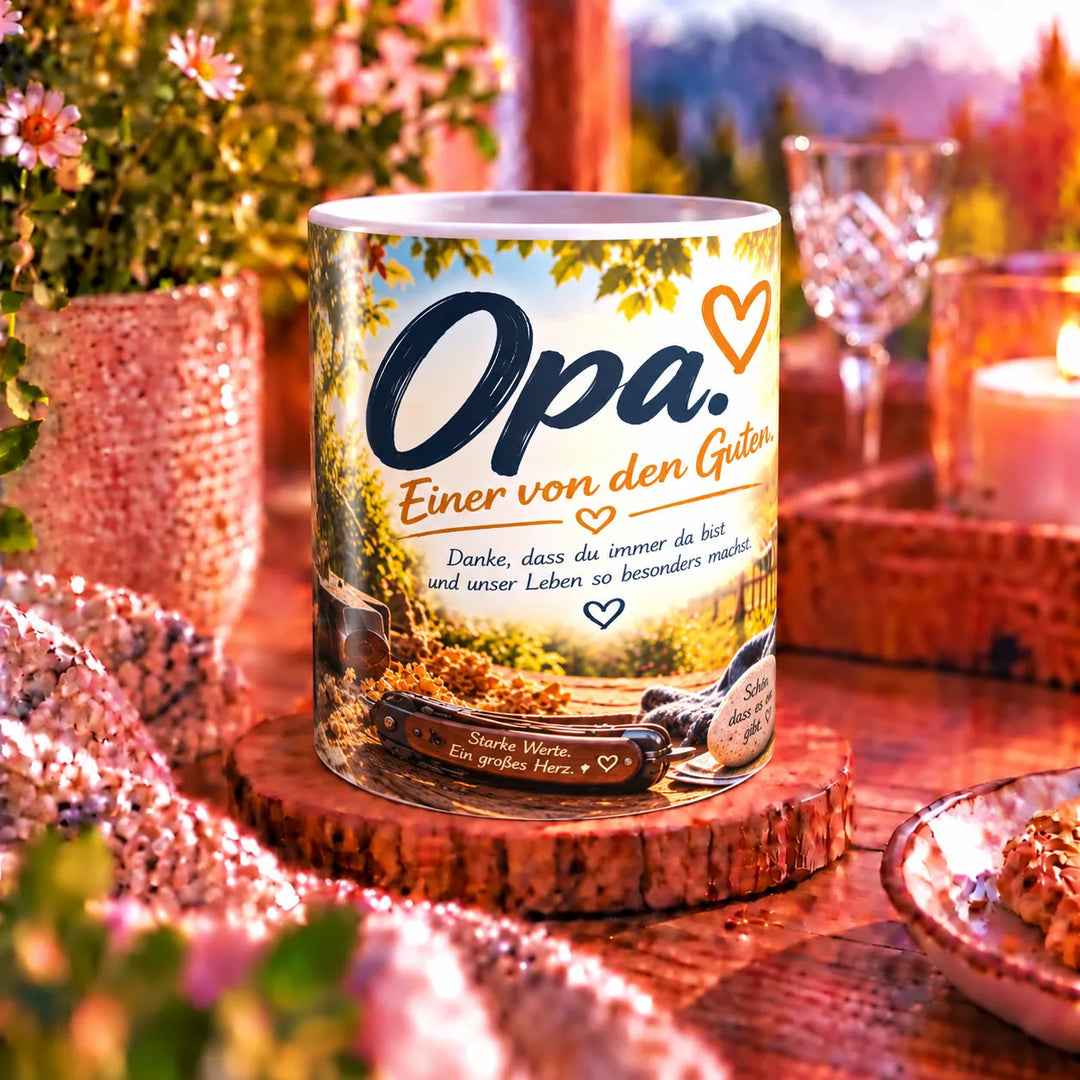 Weiße Opa-Tasse mit dem Spruch „Opa. Einer von den Guten.“ und rustikalem Werkbankmotiv