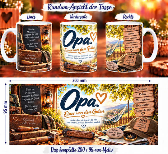 Rundumansicht der Opa-Tasse mit Werkzeugen, Kompass, Kappe und liebevollen Dankesbotschaften