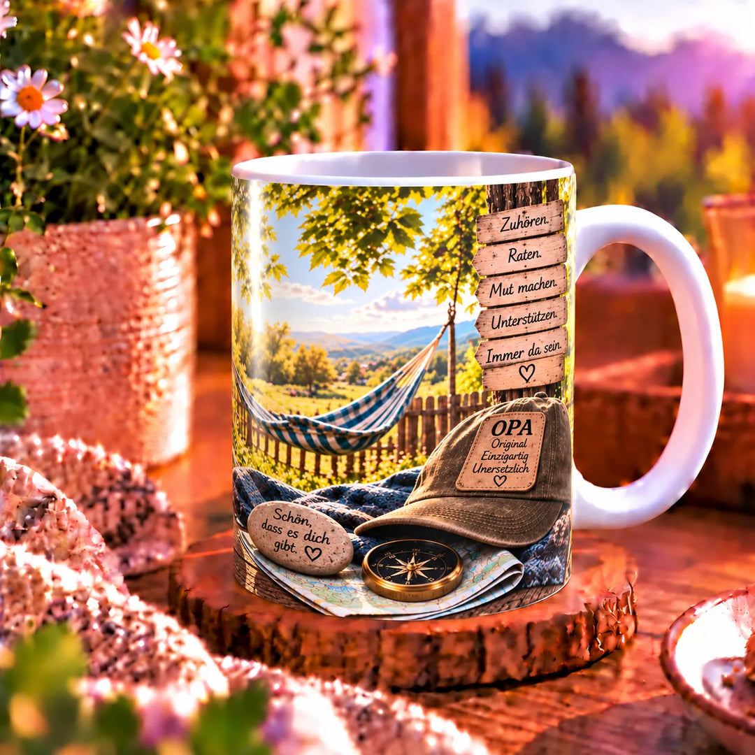 Seitenansicht der weißen Keramiktasse mit Opa-Motiv und weißem Henkel