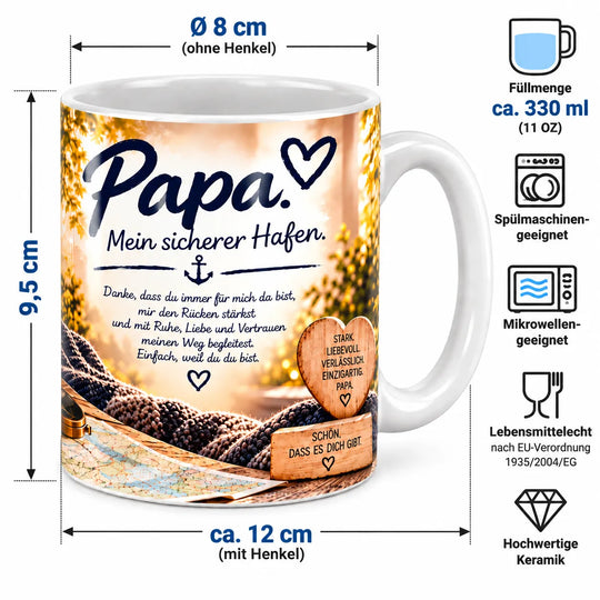 Keramiktasse mit Maßangaben: ca. 9,5 cm Höhe, 8 cm Durchmesser ohne Henkel und 330 ml Fassungsvermögen