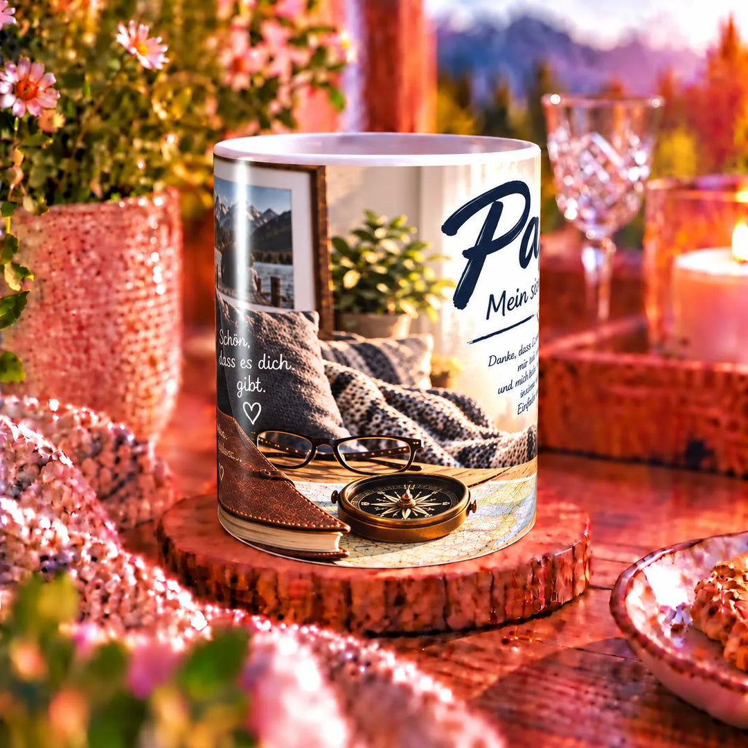 Weiße Papa-Tasse mit der Botschaft „Papa. Mein sicherer Hafen.“ sowie Anker und Herzen