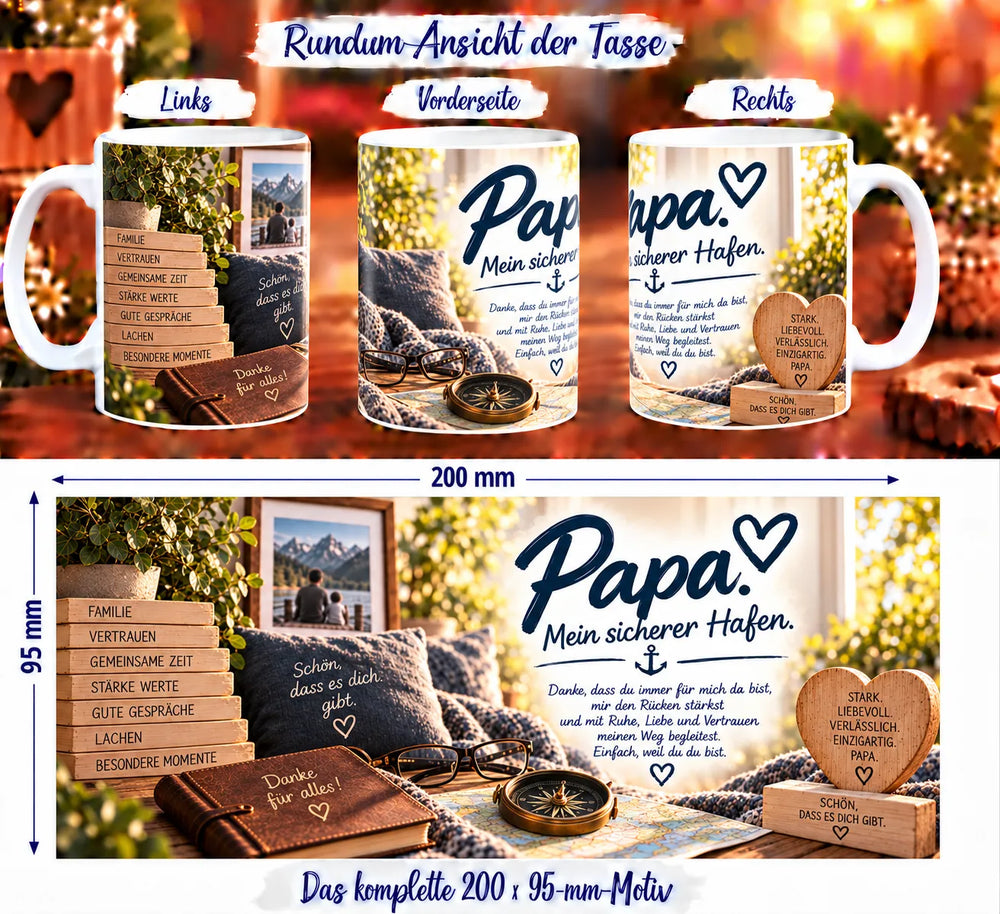 Rundumansicht der Papa-Tasse mit Kompass, Landkarte, Büchern und liebevoller Danksagung