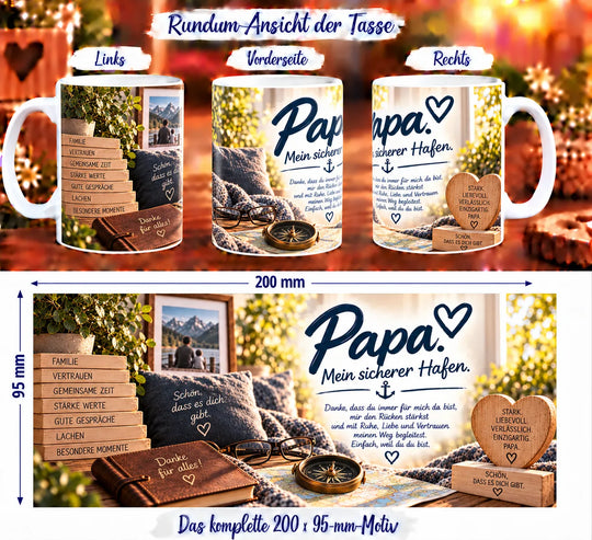 Rundumansicht der Papa-Tasse mit Kompass, Landkarte, Büchern und liebevoller Danksagung