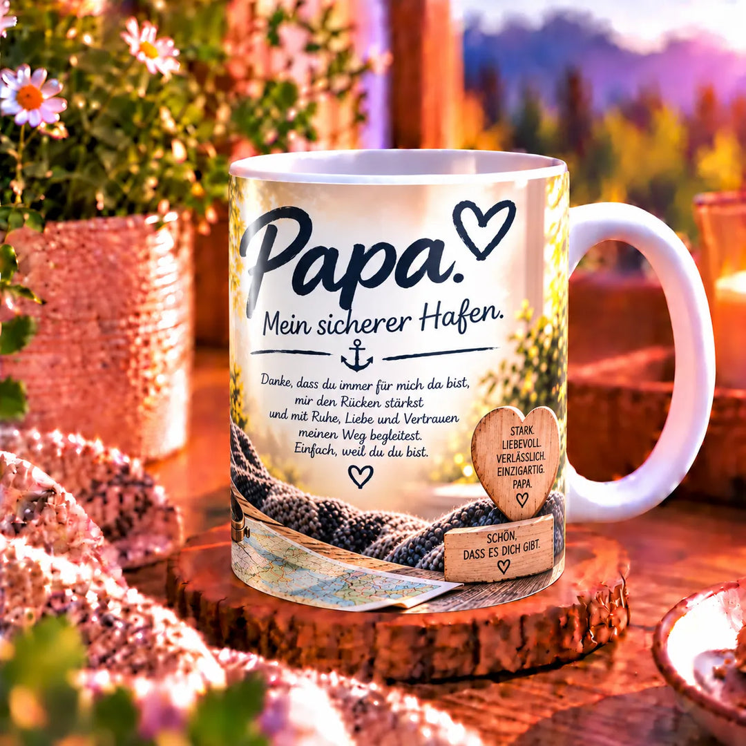 Seitenansicht der weißen Keramiktasse mit Papa-Motiv und weißem Henkel