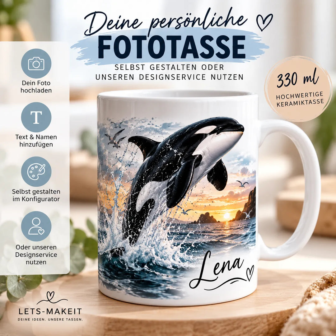 Personalisierte weiße Fototasse mit Orca-Motiv, Sonnenuntergang und Wunschname Lena – 330 ml Keramiktasse von LETS-MAKEIT
