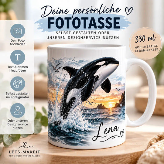 Personalisierte weiße Fototasse mit Orca-Motiv, Sonnenuntergang und Wunschname Lena – 330 ml Keramiktasse von LETS-MAKEIT