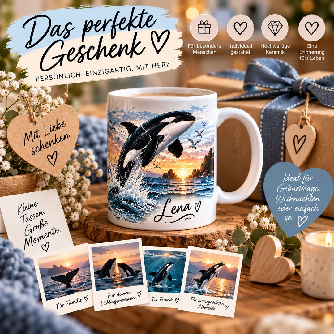 Personalisierte Orca-Fototasse mit Wunschname Lena als Geschenkidee, dekoriert mit Geschenkpaket, Blumen und Herzen