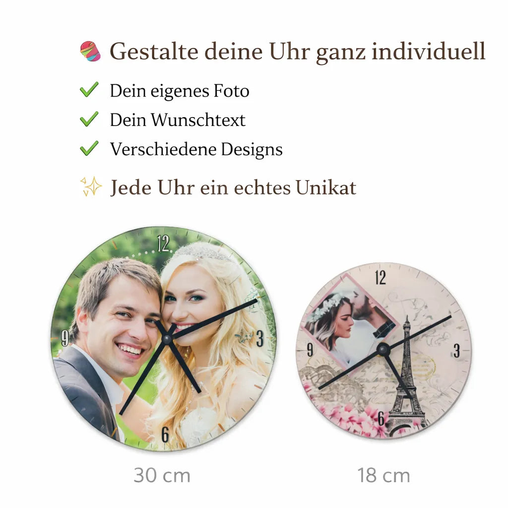 Personalisierte Fotouhr in 18 cm und 30 cm mit eigenem Foto und Wunschtext