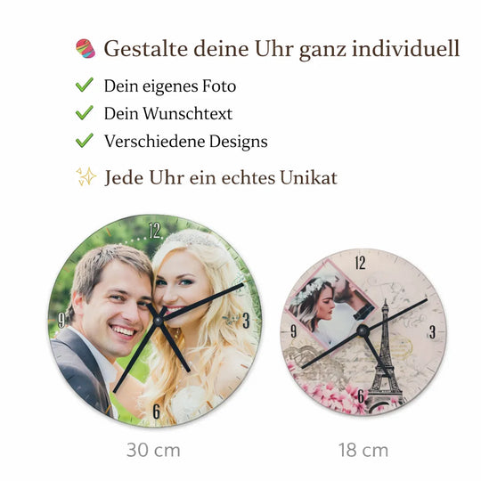 Personalisierte Fotouhr in 18 cm und 30 cm mit eigenem Foto und Wunschtext