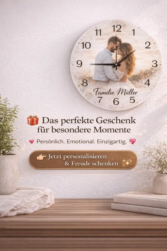 Personalisierte Fotouhr mit Foto und Wunschtext als besonderes Geschenk für Paare