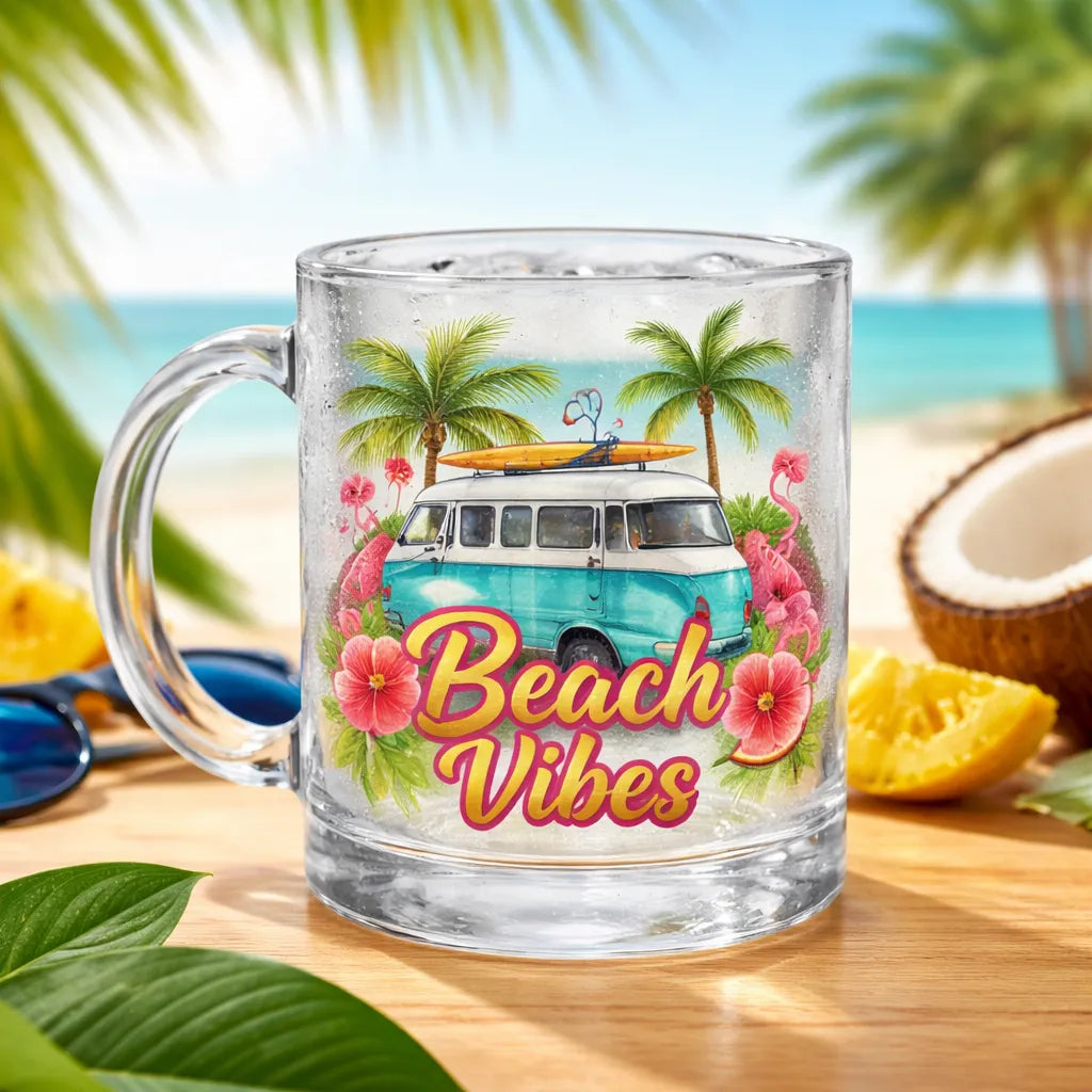 Klare personalisierte Glastasse mit Beach-Vibes-Motiv, tropischem Hintergrund und sommerlichem Design, ideal für individuelle Gestaltung.